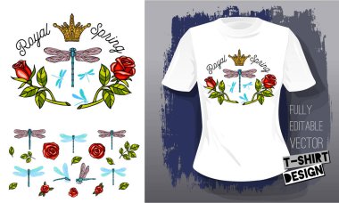 Yusufçuk, güller, çiçek, yaprak altın nakış Kraliçe taç tekstil kumaş t gömlek tasarım stili elle çizilmiş işlemeli altın kanatlar böcek lüks moda yazı vektör çizim