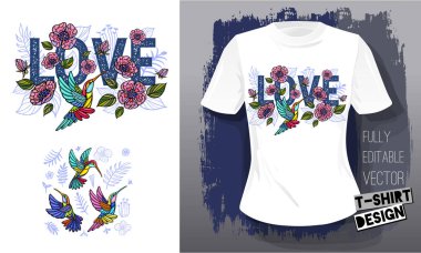 Sinek kuşlarının serin çiçekler, yapraklar, kuşlar, çiçek aşk nakış tekstil kumaş t gömlek tasarım kanatları böcek lüks moda stil elle çizilmiş vektör çizim işlemeli yazı