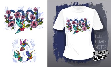 Sinek kuşlarının serin çiçekler, yapraklar, kuşlar, çiçek aşk nakış tekstil kumaş t gömlek tasarım kanatları böcek lüks moda stil elle çizilmiş vektör çizim işlemeli yazı