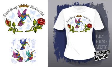 Sinek kuşlarının çiçekler, yapraklar, kuş, böcek lüks moda stil elle çizilmiş vektör çizim işlemeli altın nakış Kraliçe taç tekstil kumaş t gömlek tasarımı altın harflerle kanatlar