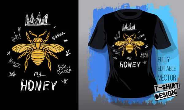 Медова бджола золота вишивка королева корона текстильні тканини, що додають золоті крила дизайну футболки комах. Рука намальована векторна медова бджола розкішна мода вишитий стиль — стоковий вектор
