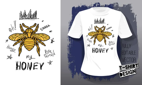 Miel abeille or broderie reine couronne tissus textiles lettrage ailes d'or insecte t-shirt design. Vecteur dessiné à la main abeille de miel style de luxe brodé — Image vectorielle