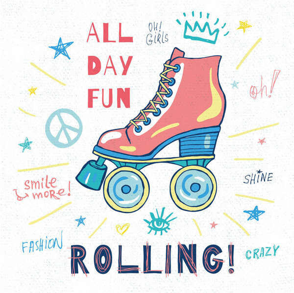 Девчонки, катайтесь, катайтесь на скейтборде в стиле скейт-данса, придумывайте лозунги для плакатов дизайна футболок. Векторная иллюстрация
.