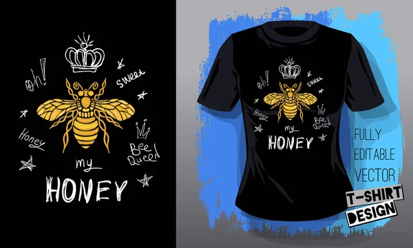 Miel abeille or broderie reine couronne tissus textiles lettrage ailes d'or insecte t-shirt design. Vecteur dessiné à la main abeille de miel style de luxe brodé — Image vectorielle