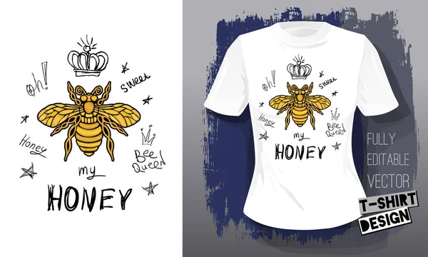 蜂蜜蜂金色刺繍クイーン クラウン織物レタリング金翼昆虫 t シャツ デザイン手描きベクトル蜂蜜蜂高級ファッション スタイル刺繍 — ストックベクタ