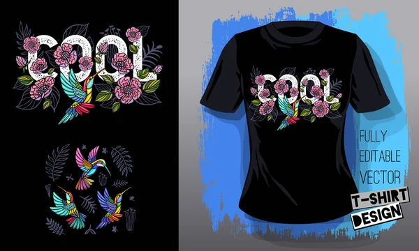 Colibríes flores frescas, hojas, pájaros, amor floral bordado tejidos camiseta diseño letras alas insecto lujo moda bordado estilo ilustración vector dibujado a mano — Archivo Imágenes Vectoriales