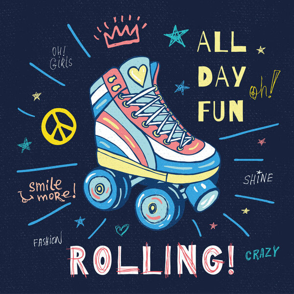 Девчонки, катайтесь, катайтесь на скейтборде в стиле скейт-данса, придумывайте лозунги для плакатов дизайна футболок. Векторная иллюстрация
.