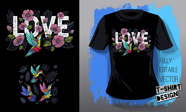 Kolibris kühlen Blumen, Blätter, Vögel, Blumen Liebe Stickerei Textilstoffe T-Shirt Design Schriftzug Flügel Insekten Luxus Mode bestickt Stil handgezeichnete Vektorillustration — Stockvektor