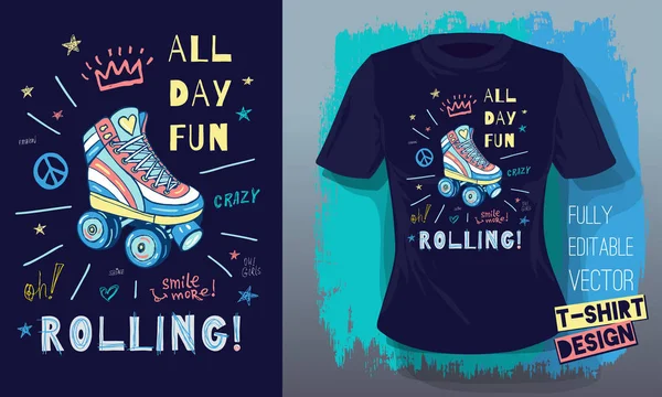 Rollen, meisjes, rit, skate board schets stijl doodles cool belettering slogans voor t-shirt ontwerp print posters Hallo zomer. Hand getekende vectorillustratie. — Stockvector