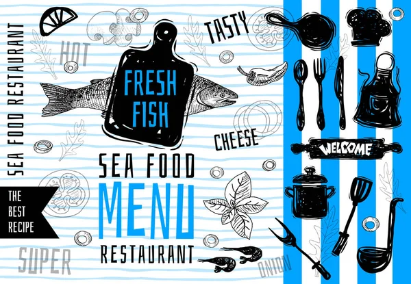 Seafood menu logo design, cutting board, soup, pot, fork, knife, vintage sea fish salmon food menu lettering stamp design. The best recipes. Hand drawn vector illustration. — Stock Vector
