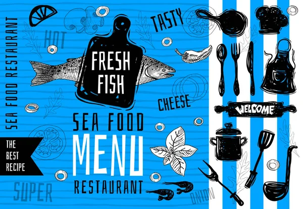 Návrh loga rybí menu. Ručně kreslenou vektorové ilustrace. — Stockový vektor