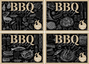 Barbekü Barbekü Izgara afişler öğelerini ızgara yemek, sosis, tavuk, patates kızartması, biftek, balık, Barbekü sebze parti Hoşgeldiniz bar ayarlayın. Kroki style çizim ürünleri ayarlayın. Çizilmiş vektör çizim el