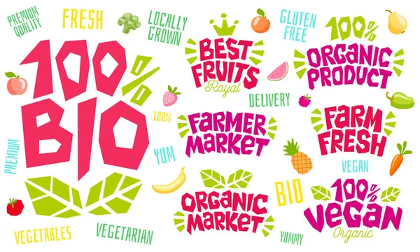 Barevné nápisy znamení zdravé potraviny znak logo design nápisy farmář čerstvé ovoce, veganské jídlo zelený koncept ikonu štítky nálepka design, zralého ovoce, bobule, zelenina. — Stockový vektor