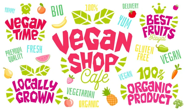 Barevné nápisy znamení zdravé potraviny znak logo design nápisy farmář čerstvé ovoce, veganské jídlo zelený koncept ikonu štítky nálepka design, zralého ovoce, bobule, zelenina. — Stockový vektor