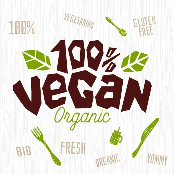 Vegan negozio caffè logo fresco biologico, cento per cento vegan segno vegetariano coltello elemento di design forchetta per adesivi, etichette del prodotto. Illustrazione del vettore disegnato a mano . — Vettoriale Stock