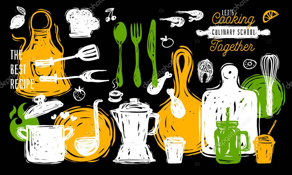 Culinary school logo design label sticker poster banner. Kitchen utensils food elements. Soup pot knife fork spoon plate pan Hand drawn vector design illustration.