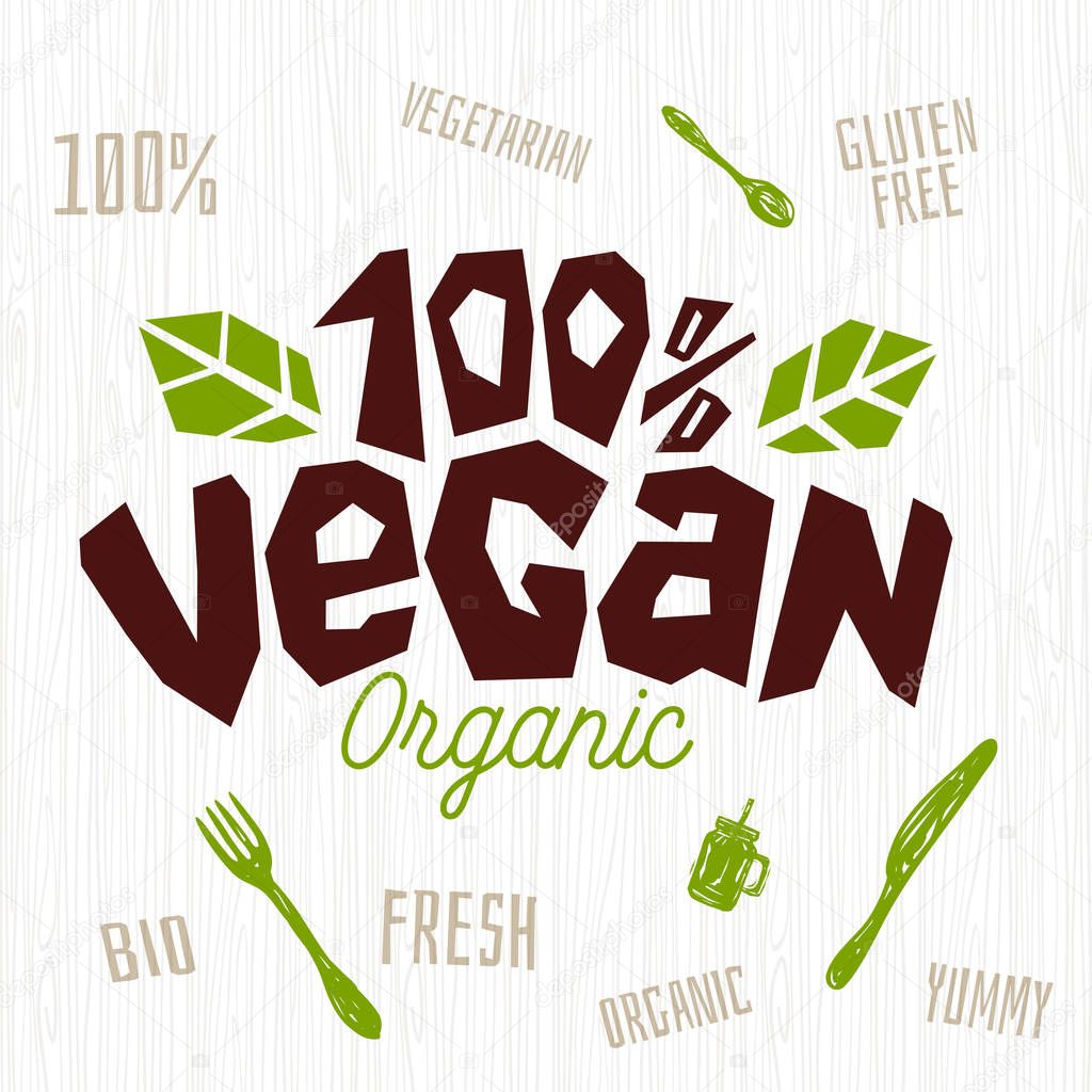 Vegan shop cafe logo fresh organic, hundred percent vegan vegetarian yummy sign knife fork spoon jar design element for stickers, product labels. Hand drawn vector illustration.