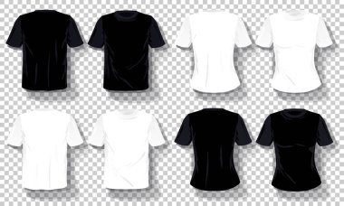 Siyah beyaz T-shirt şablon kümesi izole, şeffaf arka plan çizilmiş tee shirt el. Boş vektör mockup reklam şablonu. Kavram grafik baskı elemanı.