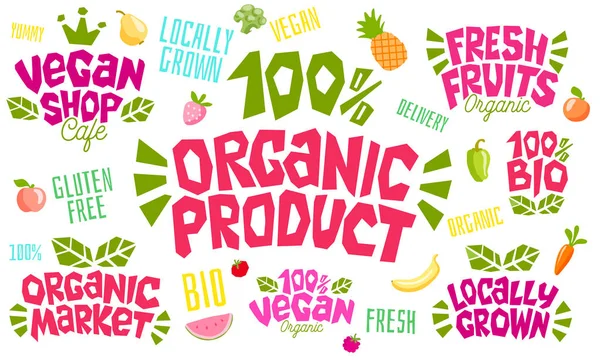 Colorful lettering sign healthy food emblem logo design lettering organic product fresh fruits vegan food green concept icon labels sticker design, ripe fruit, berries, vegetables. — Stock Vector