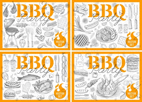 BBQ-barbecue grill posters elementen gegrild voedsel, worstjes, kip, frietjes, steaks, vis, Bbq bar groenten partij Welkom instellen Schets Opmaakset tekening producten. Hand getekende vectorillustratie — Stockvector