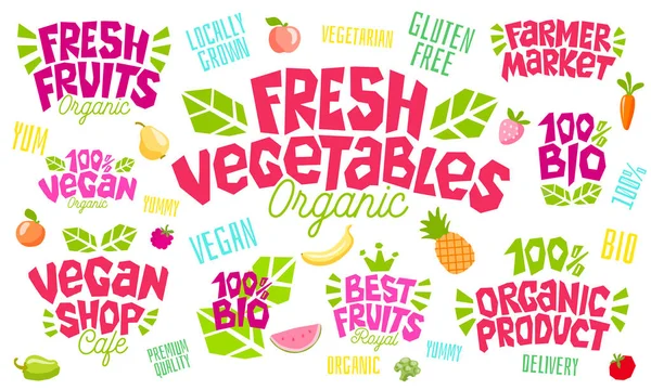 Kleurrijke belettering teken gezonde voeding embleem biologische markt logo ontwerp belettering boer vers fruit vegan eten groene conceptontwerp pictogram etiketten sticker, rijp fruit, bessen, groenten. — Stockvector