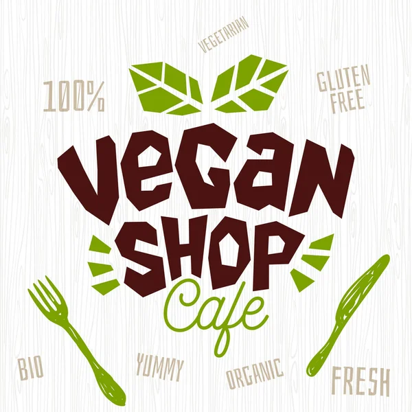 Tienda vegana logotipo de café fresco orgánico, cien por ciento vegetariano vegetariano signo cuchillo tenedor elemento de diseño para pegatinas, etiquetas de productos. Ilustración vectorial dibujada a mano . — Vector de stock