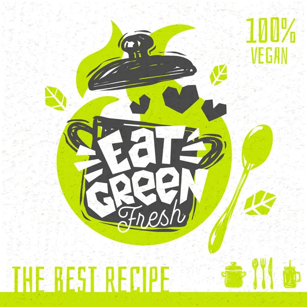 Eet groene soep liefde hart logo verse biologische recepten honderd procent veganistisch vegetarisch yummy teken pot lepel ontwerpelement voor stickers, etiketten. Hand getekende vectorillustratie — Stockvector