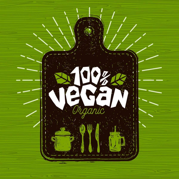 Veganes Ladencafé-Logo frisches Bio, hundertprozentig veganes vegetarisches Zeichen Messer Gestaltungselement für Aufkleber, Produktetiketten. handgezeichnete Vektor-Illustration. — Stockvektor