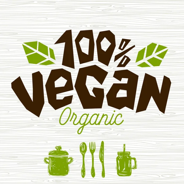 Veganská shop café logo čerstvé organické, sto procent vegan vegetariánské znamení nůž vidlička designový prvek pro samolepky, etikety. Ručně kreslenou vektorové ilustrace. — Stockový vektor