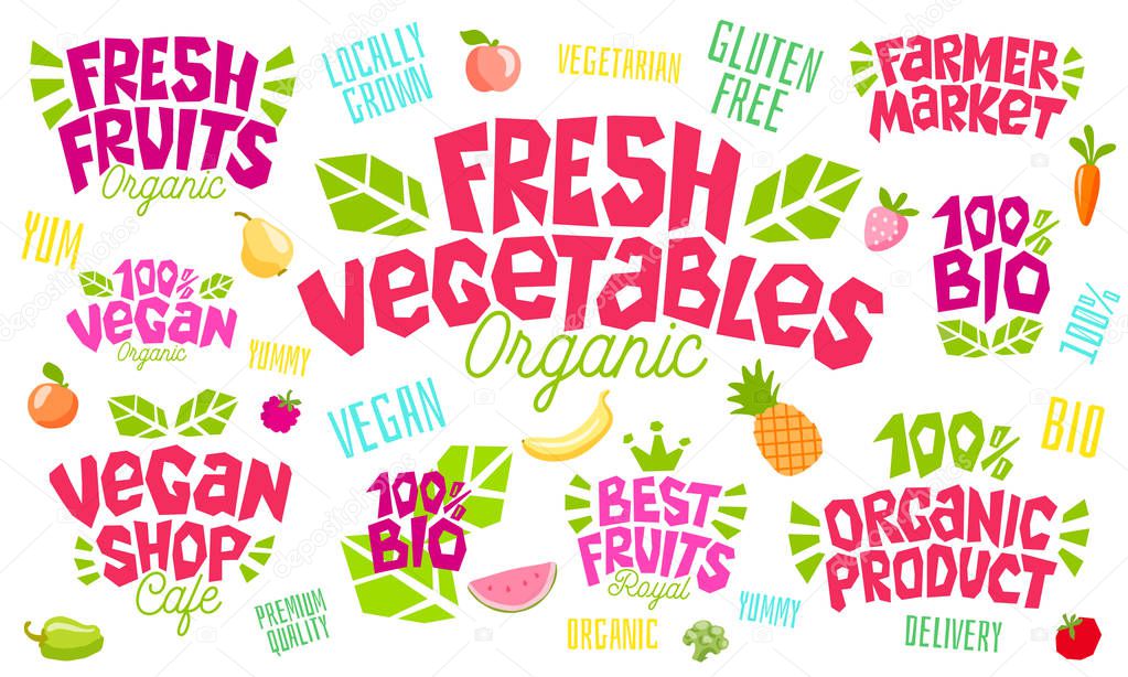 Colorful lettering sign healthy food emblem organic market logo design lettering farmer fresh fruits vegan food green concept icon labels sticker design, ripe fruit, berries, vegetables.