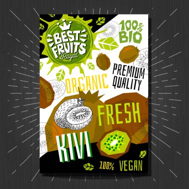 Gıda etiketleri Etiketler renkli kroki style meyve, baharat sebze ambalaj tasarımı ayarlayın. Kivi. Organik, taze, biyo, Eko. Çizilmiş vektör çizim el.