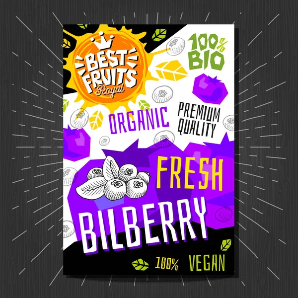 Makanan label stiker set warna-warni sketsa gaya buah-buahan, rempah-rempah desain paket sayuran. Bilberry, berry, berry. Organik, segar, bio, eco. Ilustrasi vektor gambar tangan . - Stok Vektor