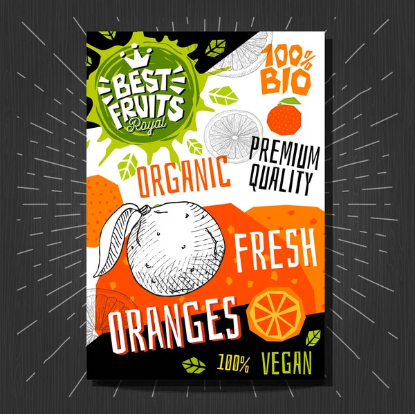 食品标签贴纸设置五颜六色的素描风格水果, 香料蔬菜包装设计。橘子。有机的, 新鲜的, 生物的, 生态的。手绘的向量例证. — 图库矢量图片