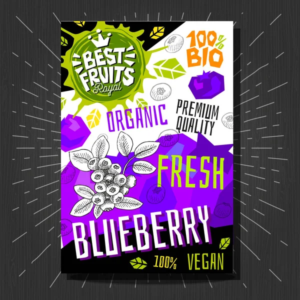 食品标签贴纸设置五颜六色的素描风格水果, 香料蔬菜包装设计。蓝 莓。有机的, 新鲜的, 生物的, 生态的。手绘的向量例证. — 图库矢量图片