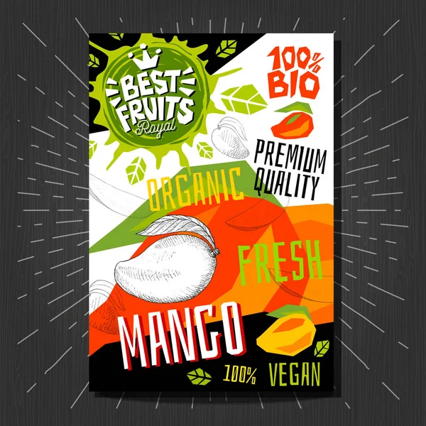 Potravinové etikety samolepky sada barevné skici styl ovoce, koření zelenina obalový design. Mango. Bio, čerstvé, bio, eko. Ručně kreslenou vektorové ilustrace. — Stockový vektor