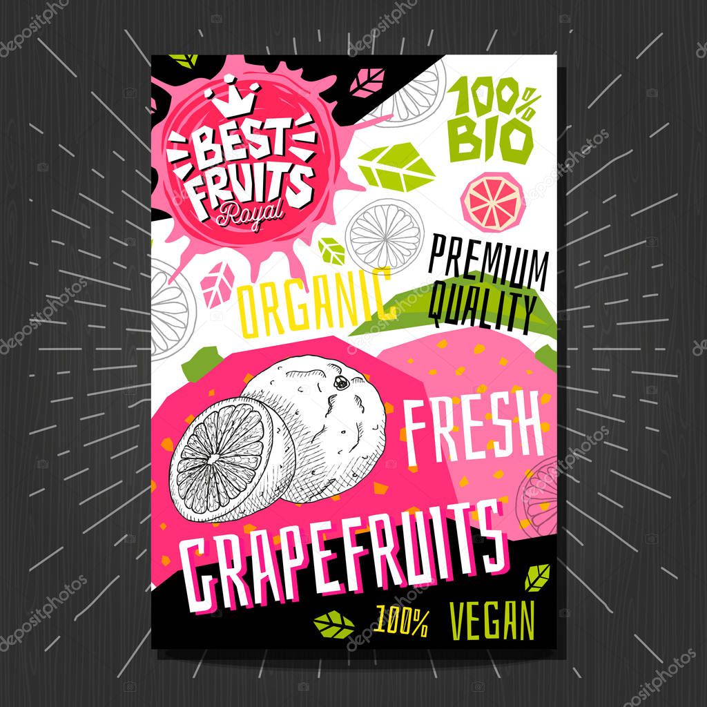 Food labels stickers set colorful sketch style fruits, spices vegetables package design. Grapefruits. Organic, fresh, bio, eco. Hand drawn vector illustration.