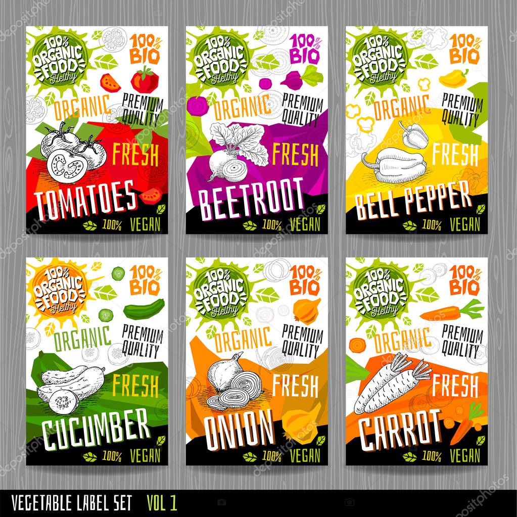 Food label set stickers collection vegetable labels spices package design. Tomatoes, beetroot, bell pepper, cucumber, onion, carrot. Organic, fresh, bio, eco. Hand drawn vector illustration.