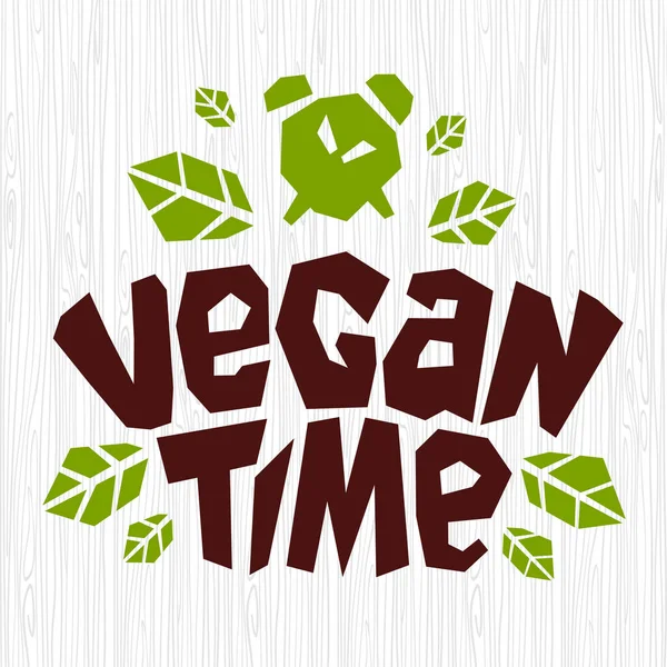 Vegan tiempo logotipo saludable emblema hojas verde alimentos orgánicos naturales Ingredientes sello icono aislado textura blanca fondo vector ilustración — Vector de stock