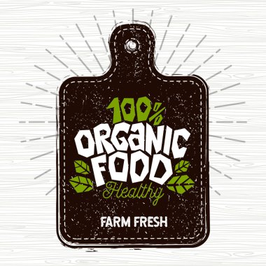 Organik gıda logosu, çiftlik taze gıda etiketi, kesme tahtası, ışınları, ahşap, elemanları, Eco Shop için amblem, restoranlar, organik ürünler stok vektör illüstrasyon