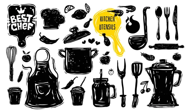 Mejor chef escuela culinaria logotipo diseño etiqueta etiqueta cartel pancarta. Utensilios de cocina elementos alimenticios. Sopa cuchillo de olla tenedor cuchara plato pan Dibujado a mano diseño vectorial ilustración . — Archivo Imágenes Vectoriales