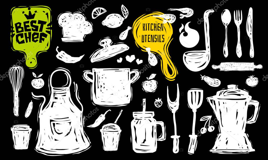 Best chef culinary school logo design label sticker poster banner. Kitchen utensils food elements. Soup pot knife fork spoon plate pan Hand drawn vector design illustration.