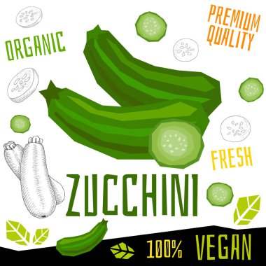 Zucchini icon label fresh organic vegetable, vegetables nuts herbs spice condiment color graphic design vegan food. Hand drawn vector illustrations.