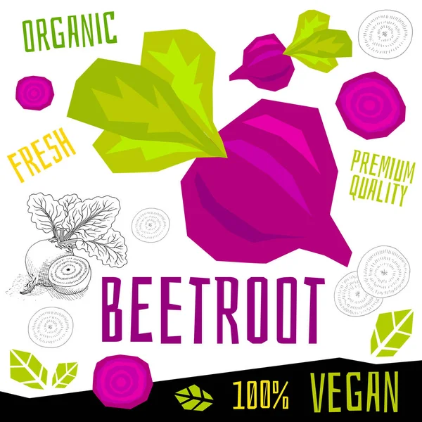 Cékla répa ikon címke friss bio zöldség, zöldség dió gyógynövények fűszer fűszerkeverék színes grafikai tervezés vegán étel. Kézzel rajzolt vektorábrák. — Stock Vector