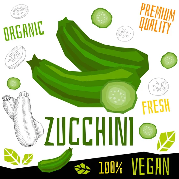 Zucchine icona etichetta verdura fresca biologica, verdure noci erbe spezie condimento colore grafica design vegan food. Illustrazioni vettoriali disegnate a mano . — Vettoriale Stock