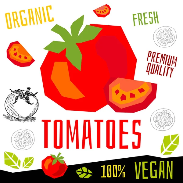 Tomaten Tomate Symbol-Etikett frisches Bio-Gemüse, Gemüse Nüsse Kräuter Gewürz Farbe Grafik Design veganes Essen. handgezeichnete Vektorillustrationen. — Stockvektor