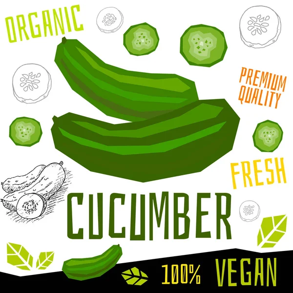 Castravete pictograma eticheta proaspete legume organice, legume nuci ierburi condimente culoare design grafic alimente vegane. Ilustrații vectoriale desenate manual . — Vector de stoc