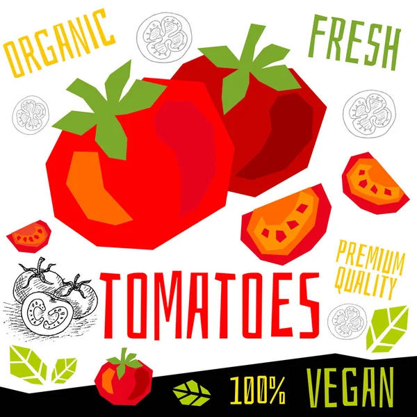 Tomater tomat ikonetikett färska organiska grönsaker, grönsaker nötter örter krydda krydda färg grafisk design vegansk mat. Handritade vektor illustrationer. — Stock vektor