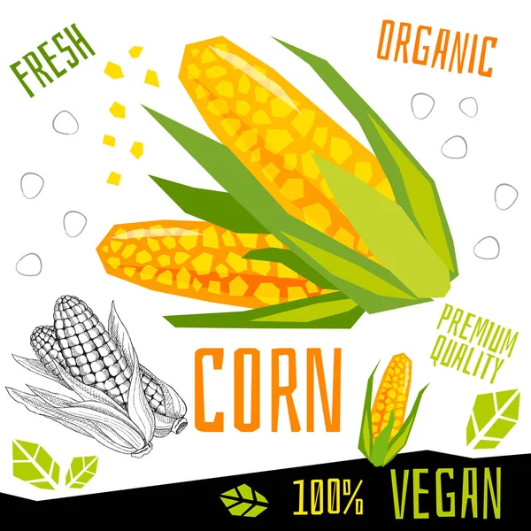 Ikon jagung label sayuran organik segar, sayuran kacang bumbu bumbu bumbu warna grafis desain makanan vegan. Ilustrasi vektor gambar tangan . - Stok Vektor
