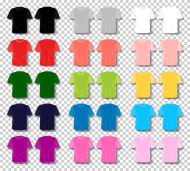 Erkekler tee gömlek vektör seti karikatür renk unisex t-shirt. Temel çok renkli vektör koleksiyonu. Elle çizilmiş vektör illüstrasyonu.