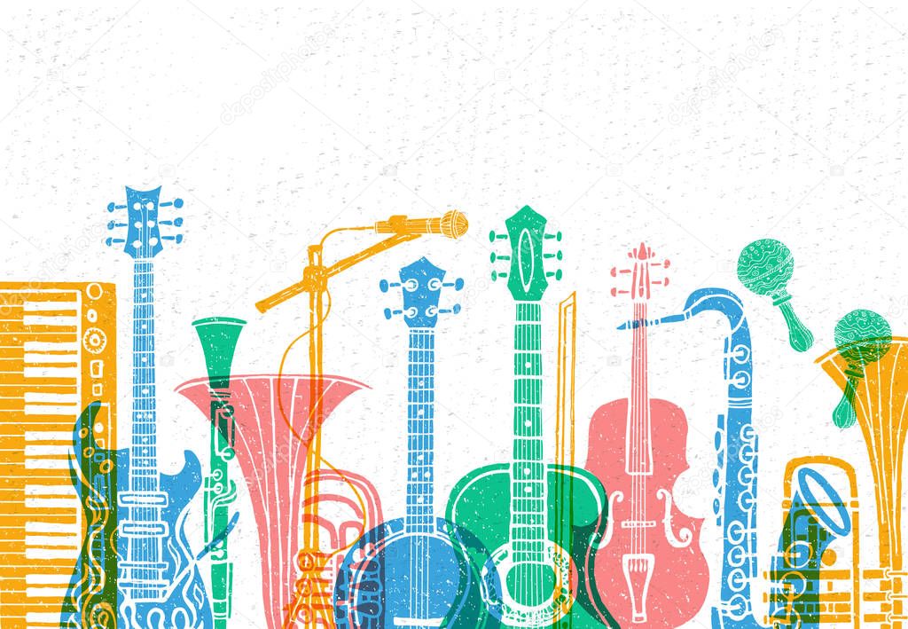 Musical instruments, guitar, fiddle, violin, clarinet, banjo, trombone, trumpet, saxophone, sax, music lover slogan graphic for t shirt design posters prints. Hand drawn vector illustration.